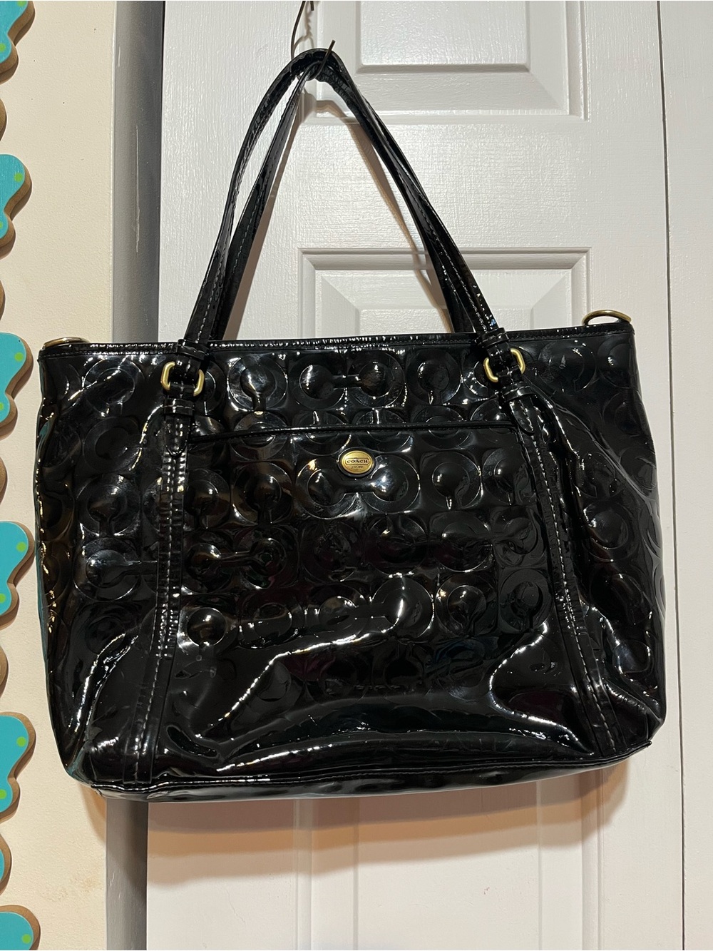 COACH OP ART GLOSSY PATENT LEATHER LARGE TOTE BAG PURSE F26038 BLACK